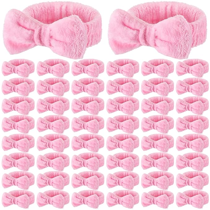 50 Pcs Pink Spa Headband Bulk Spa Sleepover Party Supplies for Washing Face with Removable Bow Makeup Elastic Bowknot Headbands for Women Gifts Soft Skincare Microfiber Hairbands(Pink Style)