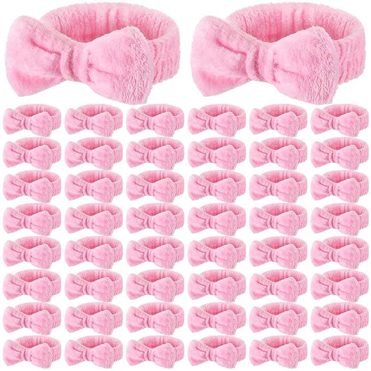 50 Pcs Pink Spa Headband Bulk Spa Sleepover Party Supplies for Washing Face with Removable Bow Makeup Elastic Bowknot Headbands for Women Gifts Soft Skincare Microfiber Hairbands(Pink Style)