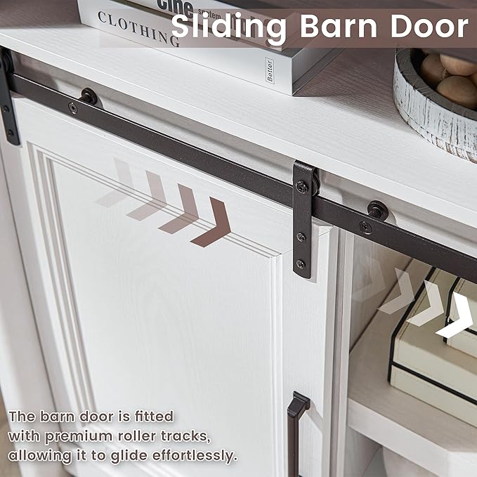 Rustic Farmhouse TV Stand for 80 Inch TVs, Large Entertainment Center with Storage, TV Console for Bedroom Living Room, Media Console Cabinet with Sliding Barn Doors, 70 Inch Wide, White & Walnut