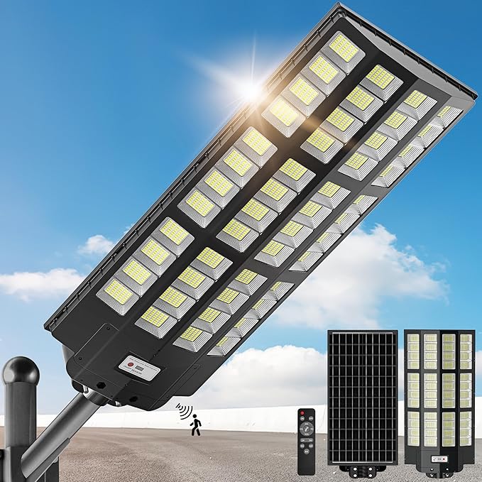 10000W Solar Street Light - 7000K Wide Angle Solar Lights Outdoor with Motion Sensor & Dusk to Dawn, IP66 Waterproof Solar Street Lights Outdoor for Roadway Yard