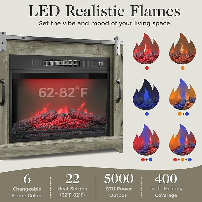 RoyalCraft Farmhouse Fireplace TV Stand for 65+ Inch TV, Entertainment Center with 23" Electric Fireplace with Remote, 34" Modern Rustic TV Console with Sliding Bar Door for Living Room, Light Grey