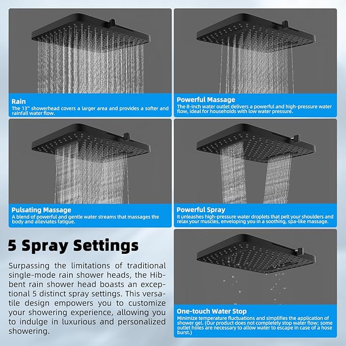 Hibbent Upgraded 5-spray 13'' Shower Head, High Pressure Rainfall Shower Head, Dual Showerhead Combo with 10-mode Handheld Spray, 12'' Adjustable Extension Arm, 71'' Hose, Shower Holder, Matte Black