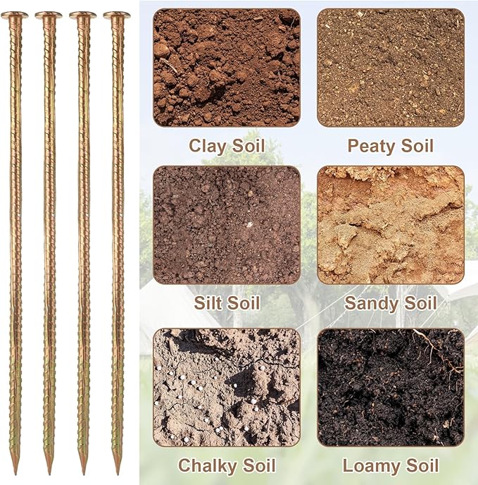 MIVIDE 12 Pack 16 Inch Gold Rebar Stakes, 1/2 Inch Diameter, Galvanized Steel Ground Anchors, Heavy Duty Metal Rebar Stakes for Speed Bumps, Garden Plants, Wheel, Wood, Tent