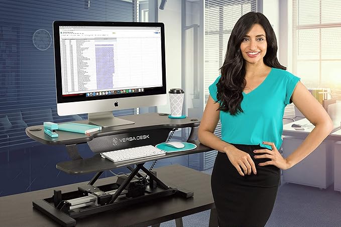 VERSADESK® PowerPro™ 40" Electric Standing Desk Converter - Adjustable Height Desktop Riser with USB Charging Outlet & Detachable Keyboard Tray - Holds 80 lbs Large & Small Items | Black