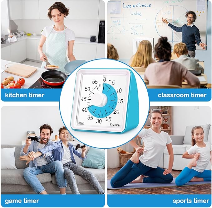 Secura 60 Minute Essential Visual Timer for Kids, Countdown Clock Timer for Special Education, Classroom, School, Desk, Home, Office, Silent Non-Ticking Time Management Tool (Blue & Blue)