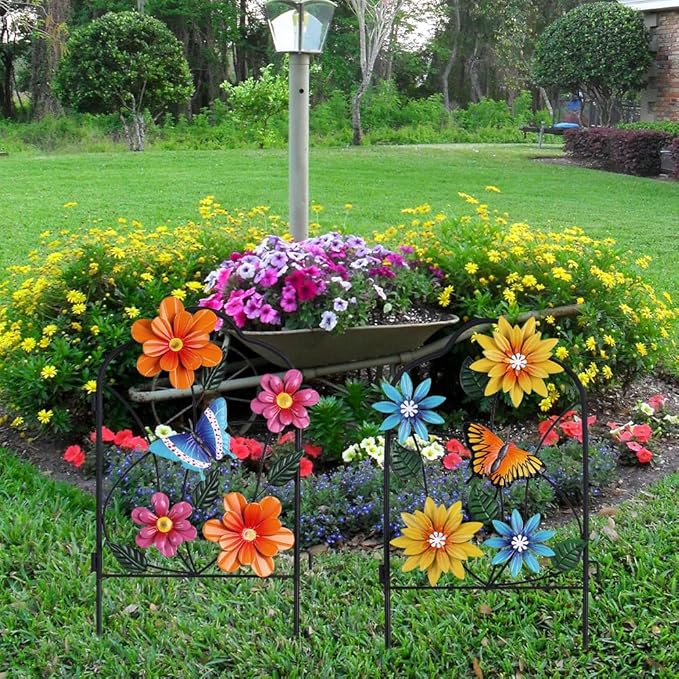 hogardeck Garden Decor for Outside, Set of 2 Metal Fence Decorative Garden Stakes with Flowers for Spring Decor, Yard Signs for Outdoor Patio Lawn Backyard Porch Decorations