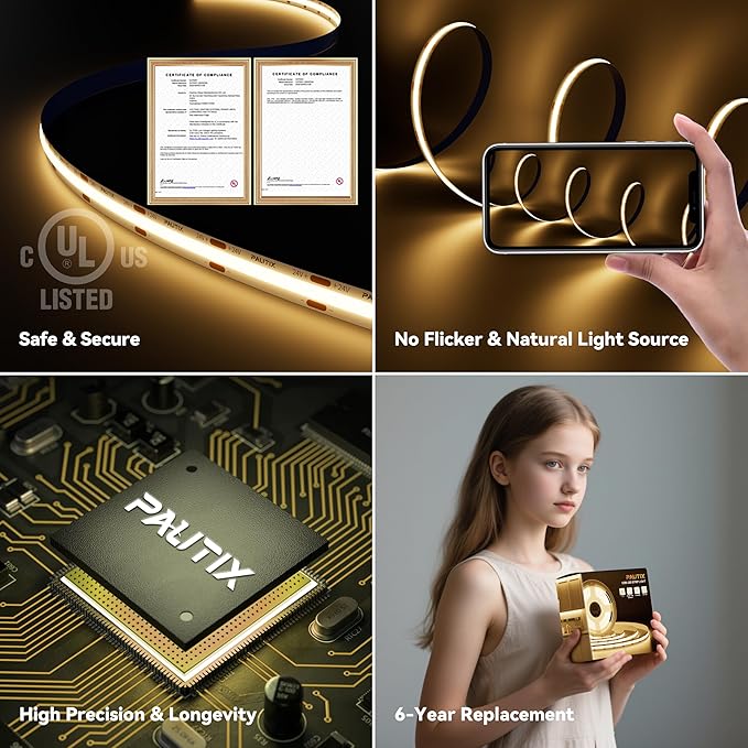 PAUTIX COB LED Strip Light 32.8ft,Engineering Level UL Listed Warm White 2700K,CRI93+ Super Bright High Lumen,Dimmable 24V Flexible LED Tape Light with RF Remote,for Cabinets,Home&Office DIY Lighting