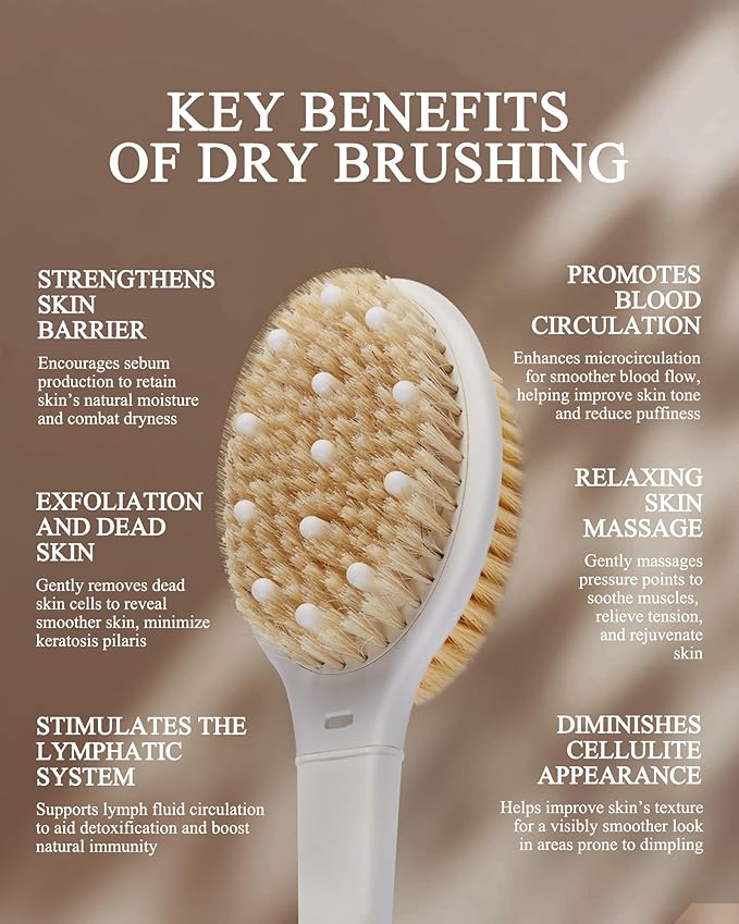 Shower Brush for Massage Dry Brushing: Back Scrubber for Shower with 18.1 in Anti Slip Long Handle - Bath Body Brush for Lymphatic Drainage, Exfoliator Improving Skin Health for Women Men Elderly Blue