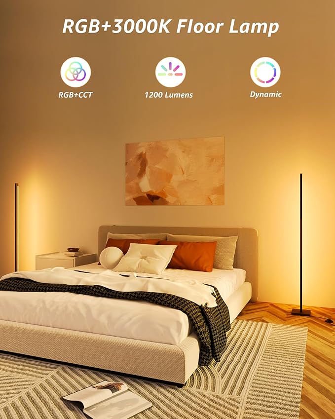 Gold Floor Lamp with Remote, Aluminum RGB LED Corner Lamp with Alexa, 1600 Lumen Standing Lamp with DIY Music Sync and 16 Million Colors, Smart Dimmable Floor Lamp for Living Rooms, Bedrooms
