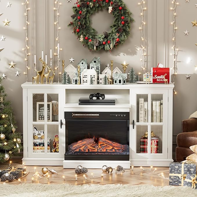 JUMMICO Fireplace TV Stand for TVs up to 65'', 3-Sided Glass Media Entertainment Center Console Table with Cabniet Storage Adjustable Flame LED Color for Living Room (Distressed White)