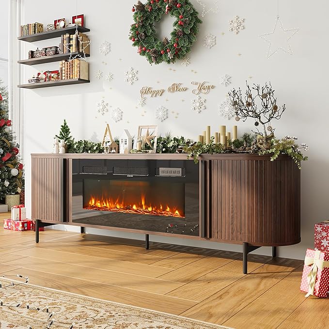 Luxury 70" Fluted Fireplace TV Stand, Modern Chic Entertainment Center for TVs Up to 80", TV Console for Living Room, Media Cabinet with Storage,70 Inch, Brown