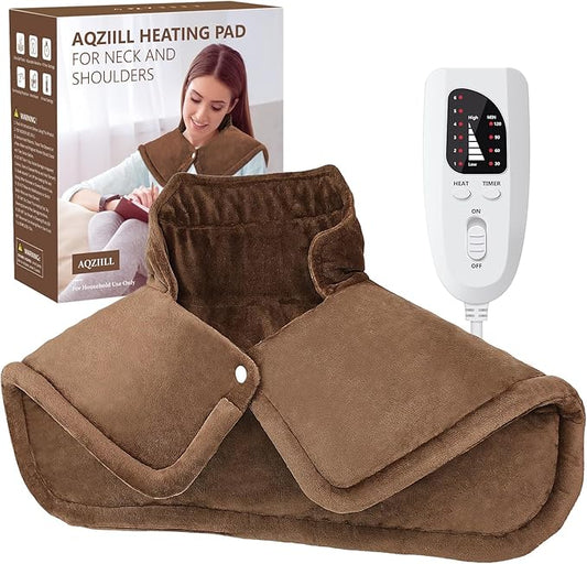 Heating Pad for Neck and Shoulders - AQZIILL Brown Large Neck Heating Pad with 6 Heat Settings 4 Timer Settings Auto Off - Heated Neck Wrap for Neck Shoulder Pain - Gifts for Women Men Mom Dad
