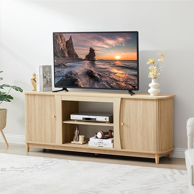 TV Stand, Fluted Media Console Table with Storage and Sliding Door, Farmhouse Entertainment Center for Living Room, Home Office (Natural-No Fireplace)