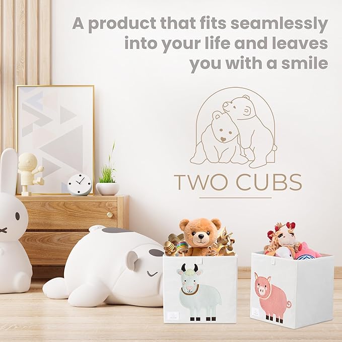 Two Cubs Foldable Kids Toy Storage Box - 13"x13" Cube Organizer Bin with Durable 2.6mm Plastic Plate Boards, Goat Design in White - Collapsible Nursery & Playroom Storage, Fits IKEA Kallax Shelves