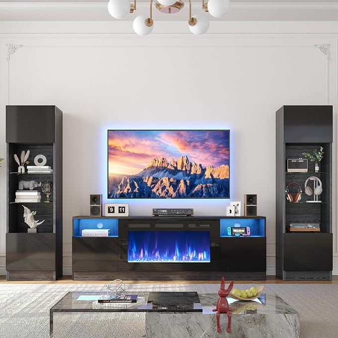 80” TV Stand with 36” Electric Fireplace, Large Modern Media Entertainment Center with Storage Cabinet and 12 Colors LED Lights for TVs Up to 90",All Black