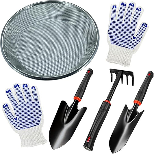 Garden Tool Set, Includes 1/8-inch Mesh Gardening Sifter, Trowel, Transplanter, and Cultivator for Outdoor Gardening, Ergonomic Yard Tool Kit