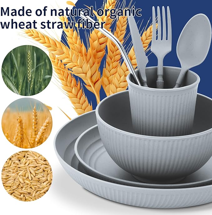 Wheat Straw Dinnerware Sets,42-Piece Plates and Bowls Sets for 6-Unbreakable,Reusable Plastic Dish Set-Dinner Plate/Cereal Bowl/Cup/Utensils-Microwavable Dishwasher Safe 42P-Gray