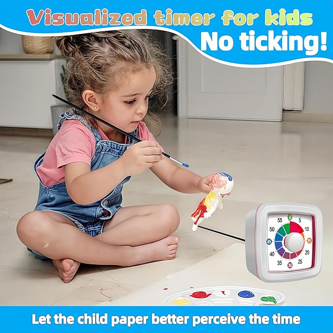 Visual Timer for Kids, 60-Minute Countdown Timer for Classroom Office Kitchen, Pomodoro Timer with Silent Operation，Time Management Tools with Colorful Pattern(White)