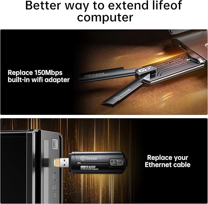 Wireless WiFi 6E Adapter 5400Mbps USB 3.0 - Dual Band Gaming WiFi Adapter for PC & Laptop, Plug and Play WiFi 6E Network Card with External Antenna(WiFi6E 5400Mbps)