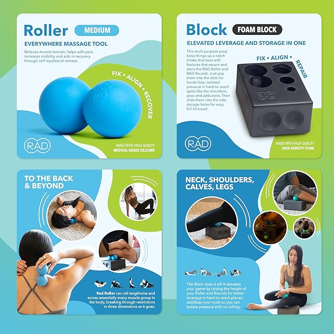 RAD Yoga Bundle for Myofascial Release, Muscle Recovery, & Relaxation – Includes Multi-Use Yoga Block, Neuro Ball Foot Roller, Peanut & Massage Balls in Multiple Sizes & Densities