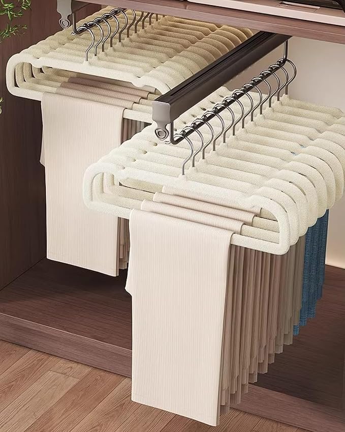 HGYZE Velvet Pant Hanger Space Saving, 20 Pack Non-Slip Shorts Hanger, Jeans Slack Trousers Hanger with 10pcs Clothe Hanger Connector Hooks Closet Organizer, Slim Felt Hangers for College Dorm (Beige)