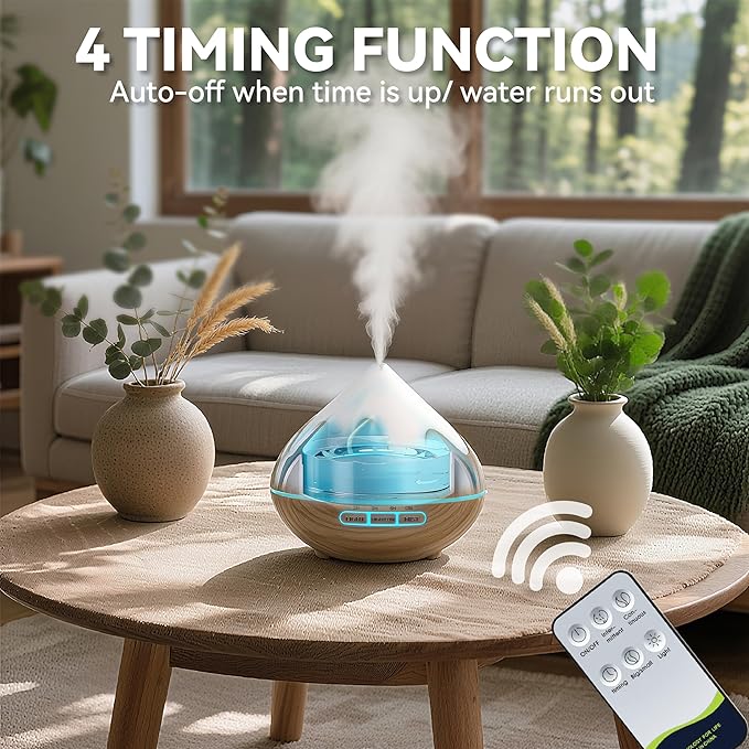 500ML Essential Oil Diffuser, Aromatherapy Diffuser with Remote Control, Multifunctional Air Diffusers for Home Office Room, Fragrance Aroma Diffuser with 7 Color LED & 2 Mist Mode, Brown