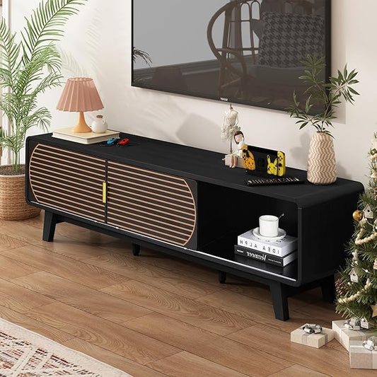Mid Century Modern TV Stand for 55/60/65 Inch TV, 63" TV Console Table with Fluted Sliding Doors, Entertainment Center and Media Console with Storage for Living Room (Black)