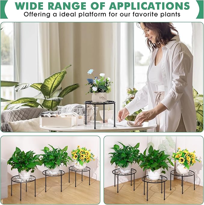 3 Pack Metal Plant Stands for Outdoor Indoor, Anti Rust Round Iron Plant Pot Shelf, Heavy Duty Flower Pot Stands for Multiple Plant, Rustproof Plant Holder, Decoration Racks for Home Garden