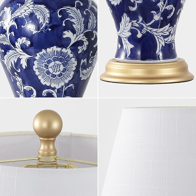 JONATHAN Y JYL3009E Grace 24" French Country Cottage Ceramic/Iron Floral Urn LED Table Lamp, Navy/White for Bedroom, Living Room, Office, College