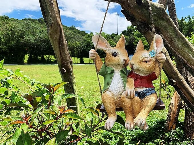 iRonrain Garden Statue Swing Bunny Couples, Indoor Outdoor Hanging Rabbits Lover Sculpture Funny Simulation Art Décor Figurine Ornament for Fence Pathway Backyard Landscape Tree Decorations