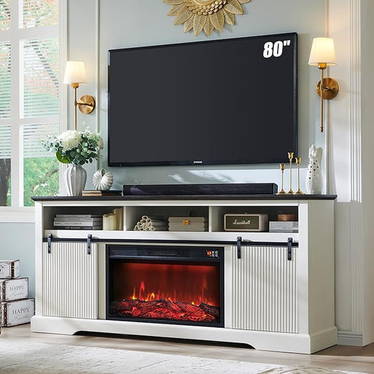 Fluted Fireplace TV Stand for TVs Up to 80 Inch with 30" Electric Fireplace, Modern Entertainment Center w/Waveform Panel Sliding Door & Adjustable Shelves, Media Console for Living Room (White)