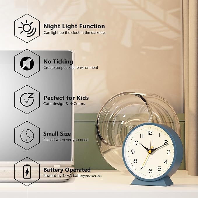 AYRELY® 4.5" Analog Alarm Clock,Small Retro Desk Clock Battery Operated,Slient Metal Table Clock with Light for Living Room Decor,Bedroom,Bedside (Blue)