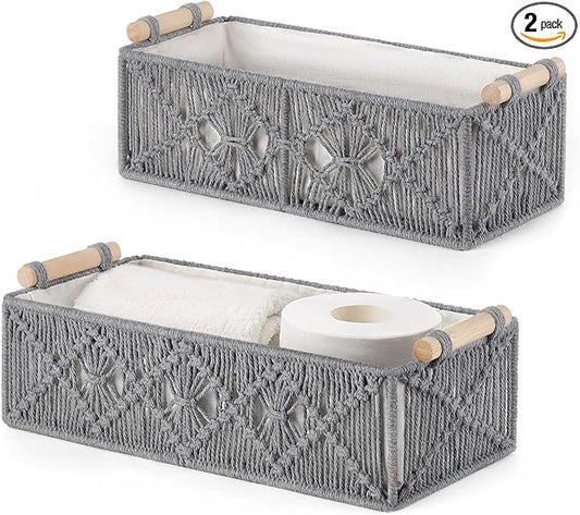 Mkono Macrame Storage Baskets Boho Decor Box Handmade Woven Decorative Countertop Toilet Tank Shelf Cabinet Organizer for Bedroom Livingroom Home, Set of 2, Grey
