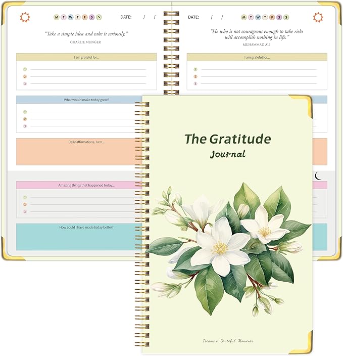 The Gratitude Journal for Women Men, 5 Minute Daily Gratitude Journal Spiral with Prompts & Quotes for Self Care, Happiness, Affirmation and Mindfulness, Hardcover, 5.9"x8.6"