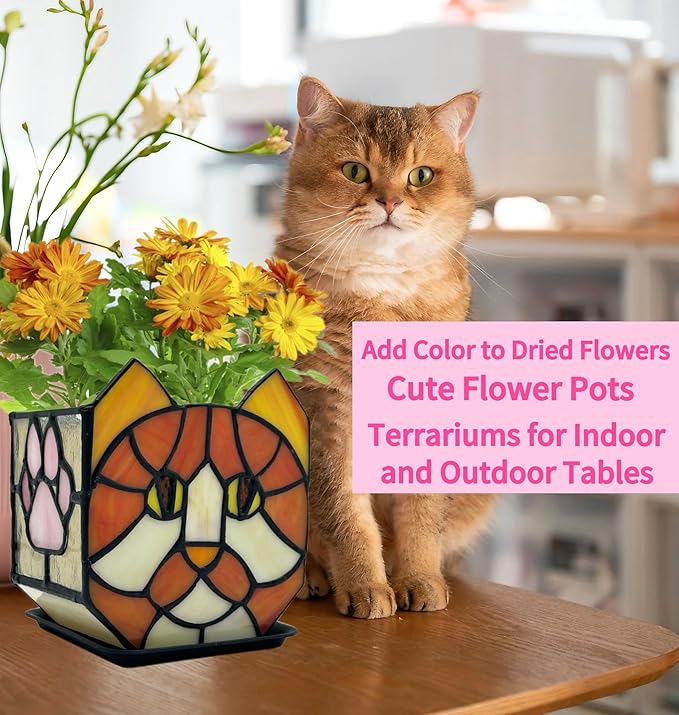 Stained Glass Orange Cat Planter,Indoor Flower Pots with Drainage,Cute Succulent Planter,Unique Orange Cat Flower Pot,Gifts for Plant Lovers 4.6x3x5.15 in