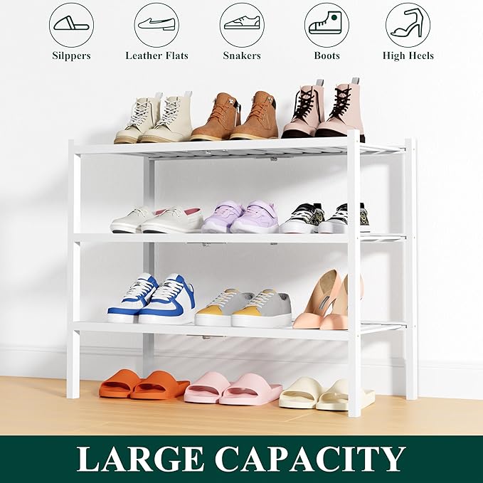 Smiry Shoe Rack, 3 Tier Thick Bamboo Shoe Organizer, Stackable Free Standing Wooden Shoe Storage Shelf for Closet, Entryway, Front Door Entrance, White