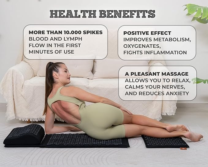 Acupressure Mat & Pillow – Pain Relief and Relaxation Kit for Back, Neck, and Sleep, Suitable for Yoga, Meditation, or Daily Use (Deep Black).