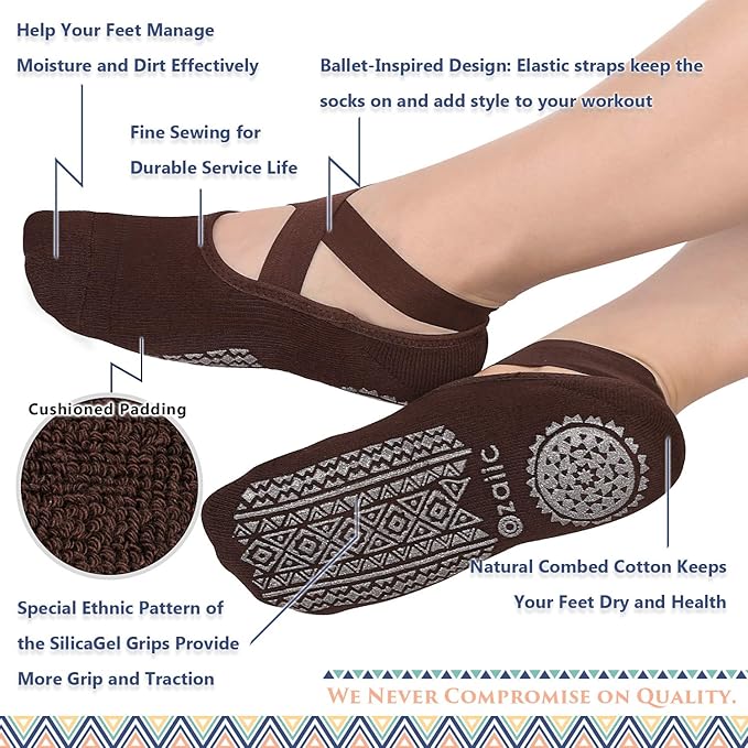 Ozaiic Yoga Socks for Women Non-Slip Grips & Straps, Ideal for Pilates, Pure Barre, Ballet, Dance, Barefoot Workout
