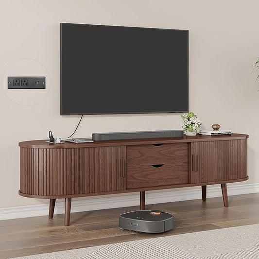 Alohappy 59" Mid Century Modern TV Stand with Power Outlet, Curved Edge Fluted TV Media Console Table with Drawer and Shelf, Farmhouse Entertainment Center for Living Room, Bedroom, Walnut