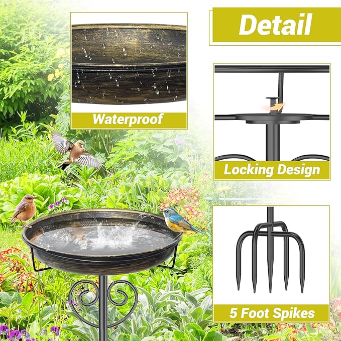 Metal Bird Bath for Outside, Standing Garden Bird Bath Bird Feeder Bowl with 5-Pronged Stake, Detachable Birdfeeder Bath for Outdoors Garden Patio Yard Lawn Decor (Vintage Gold)