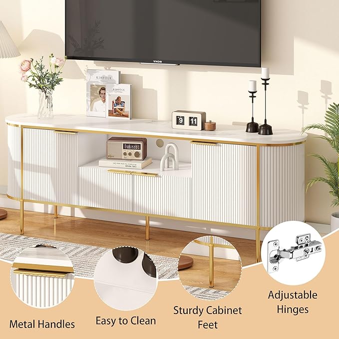 Luxury Fluted TV Stand: 70" White Entertainment Center for 80 inch TVs, TV Consoles for Living Room, Modern Media Console with Faux Marble Top (White, 70 Inch TV Stand)