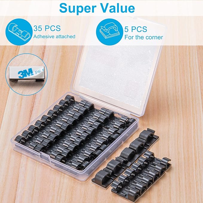 Self-Adhesive Cable Clips Black (60PCS, M), Upgraded Wire Clips for Wall, Strong Cord Organizer Cable Management Under Desk, Ethernet, Dash Cam, Outdoor Light