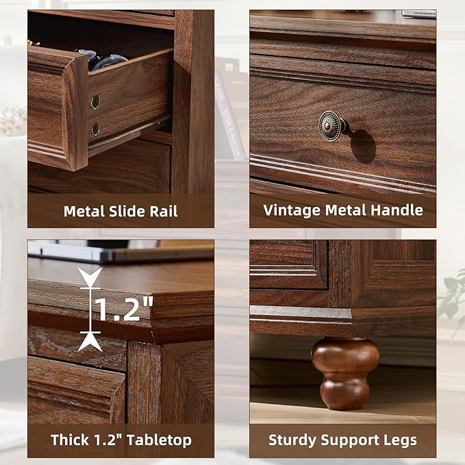 Farmhouse Nightstand Set of 2 with Charging Station, 24" Wide End Table with 3 Drawers,Dresser for Bedroom,Bed Side Table Chest of Drawers Cabinet,Wood Brown Night Stand for Living Room