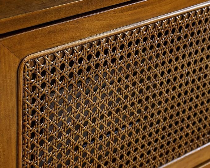 LKTART 59 Inch Mid Century Modern TV Stand with Rattan Doors, Entertainment Center Media Console for 55/60/65 inch TV, Boho/MCM Television Stand for Living Room/Bedroom, Light Wood