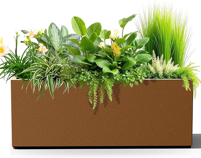Tall Metal Planter, 15" W×16.3" H Large Rectangular Planter Box for Outdoor or Indoor, All-Weather Durable Plant Box with Drainage Holes & Removable Shelf for Patio, Porch, Garden, Trees, Flowers