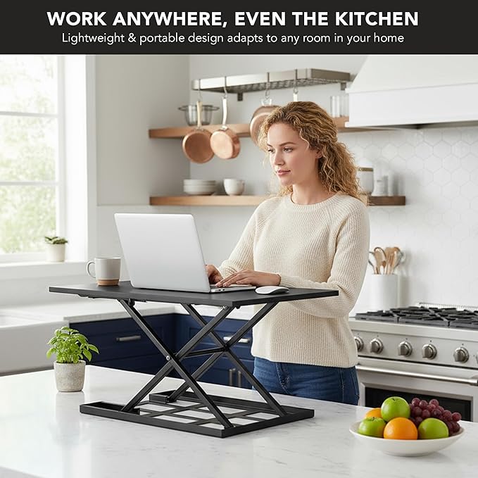 Mount-It! Standing Desk Converter, Sit Stand Desk Riser with Gas Spring, Ergonomic Height Adjustable Desktop Platform, Collapsible Slim Profile, Preassembled Workstation for Home & Office, Black