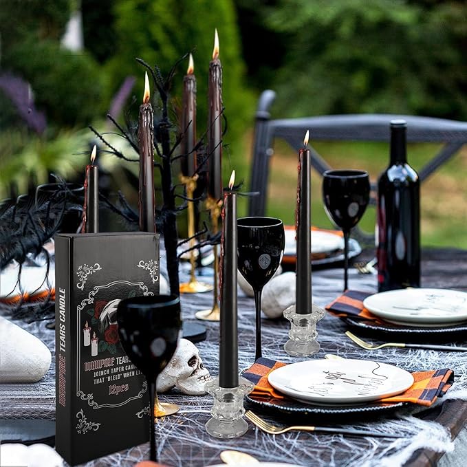 12PCS 10-Inch Black Bleeding Taper Candles,Vampire Tears Taper Candles- Unscented Candle Pack Ideal for Halloween, Christmas, Rituals, and Themed Party Decor.