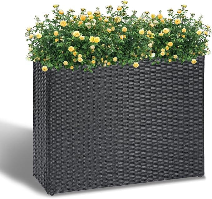 LEWIS&WAYNE Large Rectangular Block Planter Box Handmade Wicker Tall Planters for Outdoor Plants with Removable Liners Modern Planter for Indoor Outdoor Patio Deck - Black, 32''x11''x24''