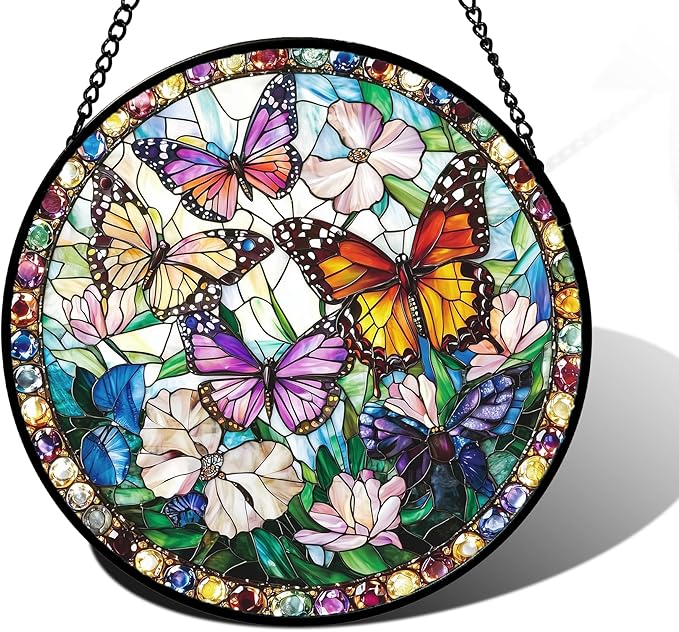 Stained Glass Window Hanging, Colorful Butterfly Suncatcher for Doors Home Sun Catchers Decoration and Christmas, Mother's Day Birthday Gifts for Women, Men, and Mom 6.3 in