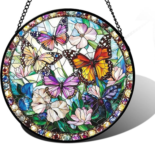 Stained Glass Window Hanging, Colorful Butterfly Suncatcher for Doors Home Sun Catchers Decoration and Christmas, Mother's Day Birthday Gifts for Women, Men, and Mom 7.8 in